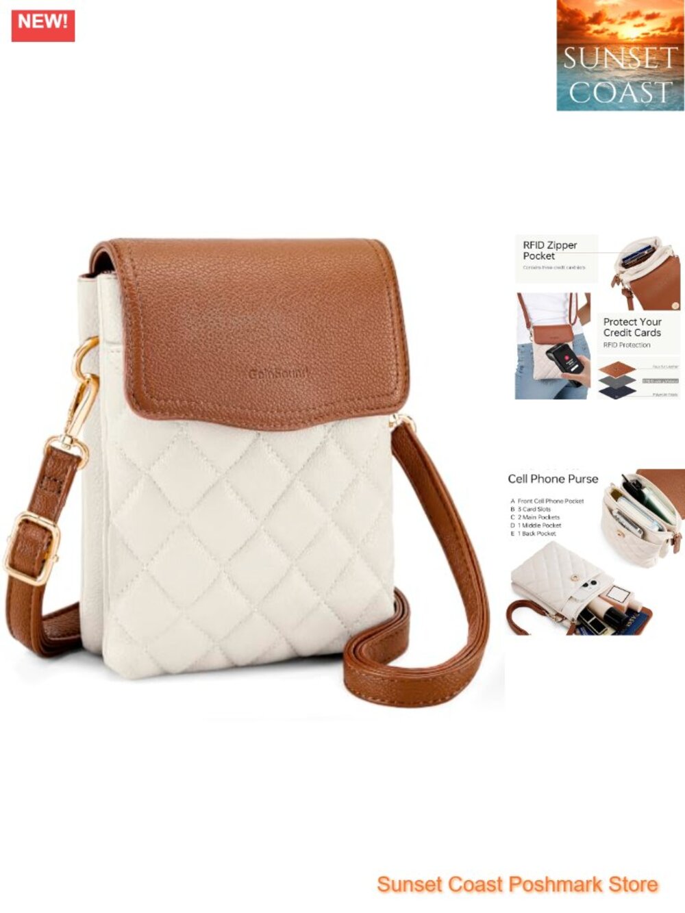 RFID Quilted Vegan Leather Compact Cell Phone Crossbody Purse